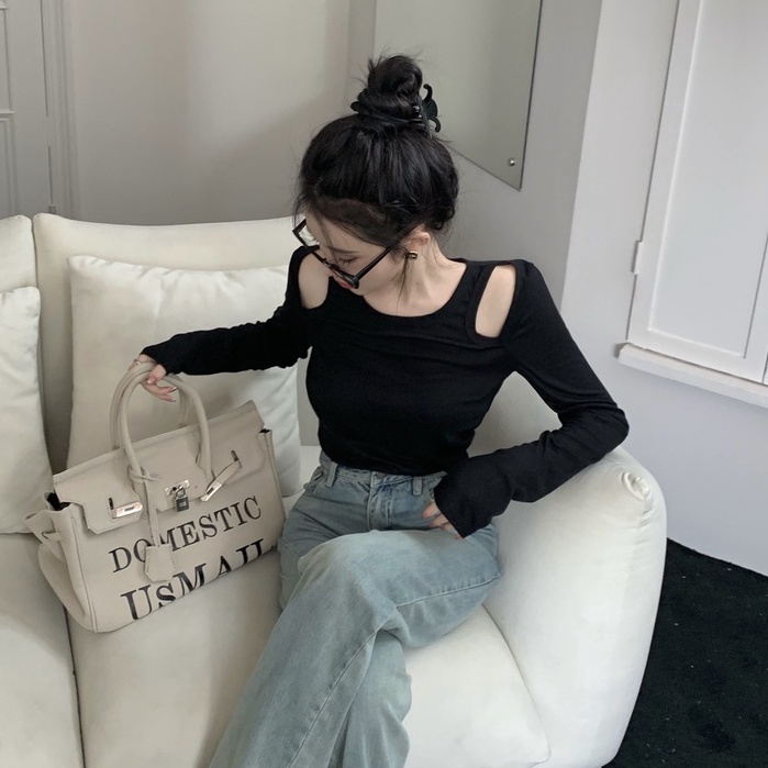 Áo croptop QKOOLE tay dài cổ tròn dáng ôm gợi cảm thời trang Hàn Quốc cho nữ