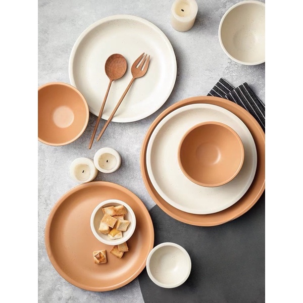 Bộ bát đĩa gốm trơn mix màu Orange Moon phong cách Bắc Âu