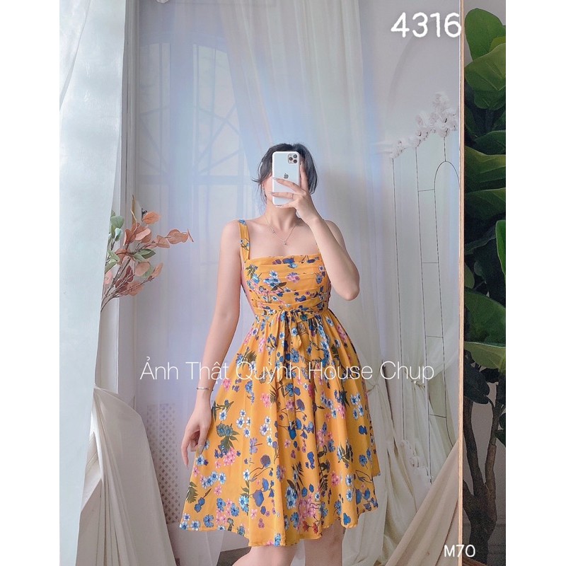 [ Ảnh thật shop chụp ] Đầm hoa họa tiết 2 dây phối lưới hông cột nơ eo🌸