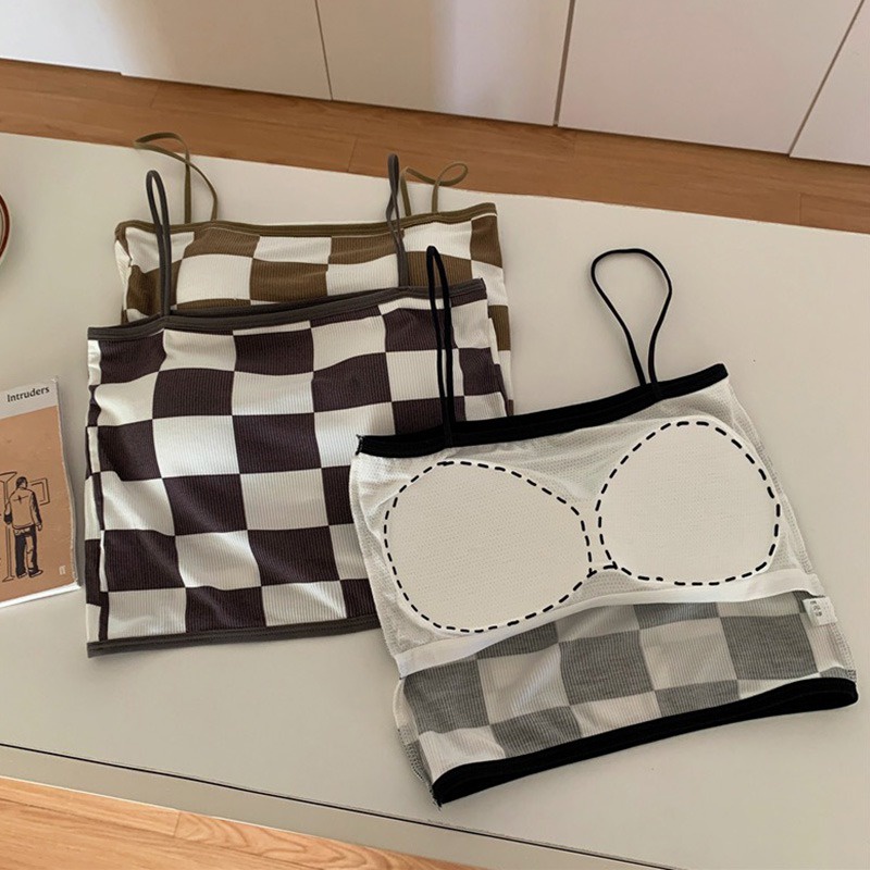 Áo Croptop Hai Dây Họa Tiết Kẻ Ô Có Mút Đệm Ngực Siêu Nhẹ Thời Trang Mùa Hè Quyến Rũ Cho Nữ