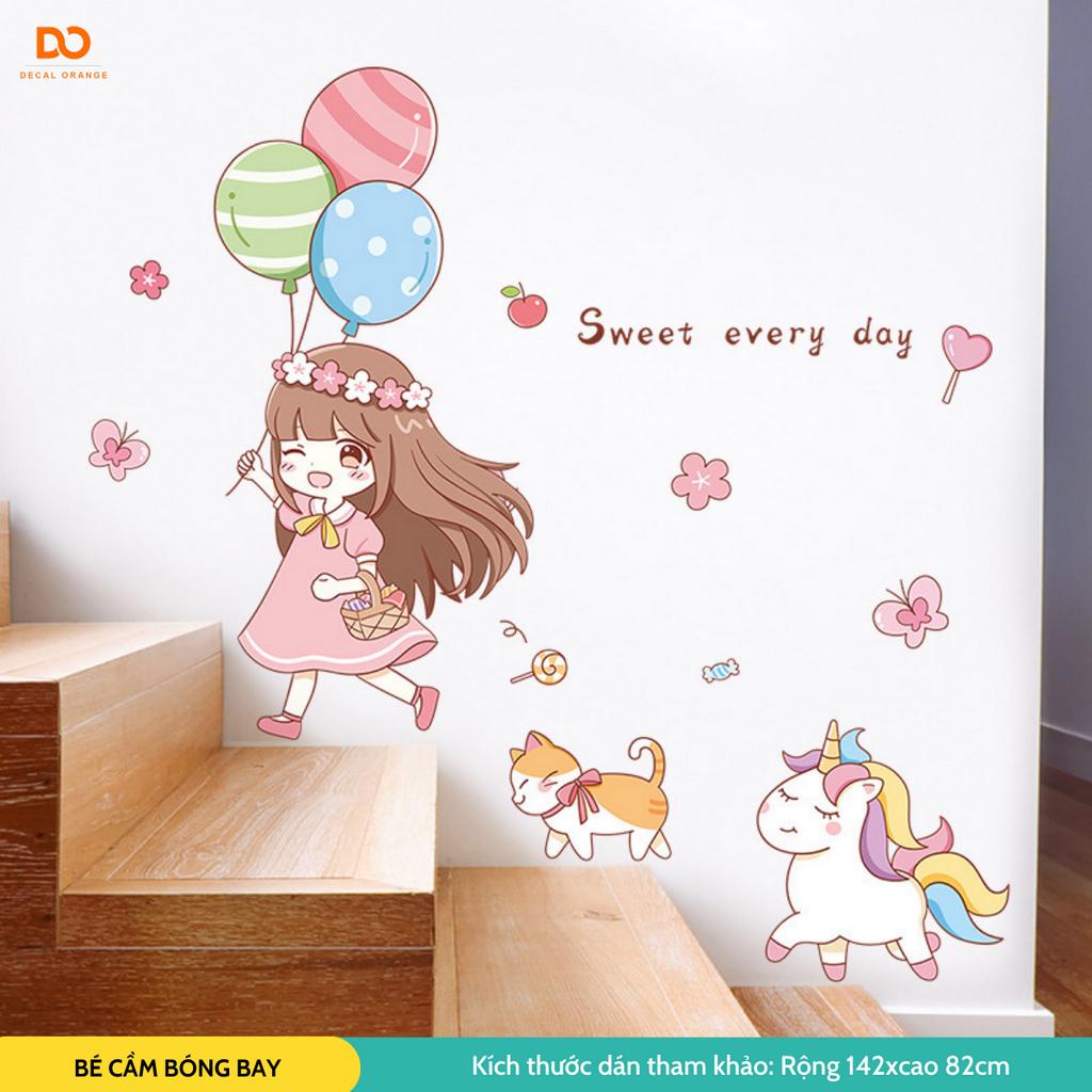 Decal dán tường, decal dán tường cho bé, bé gái bóng bay, trang trí phòng ngủ cho bé cực đẹp, độ bền cao