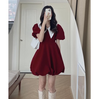 Váy nhung cổ nhọn xòe bồng đỏ đô/đen