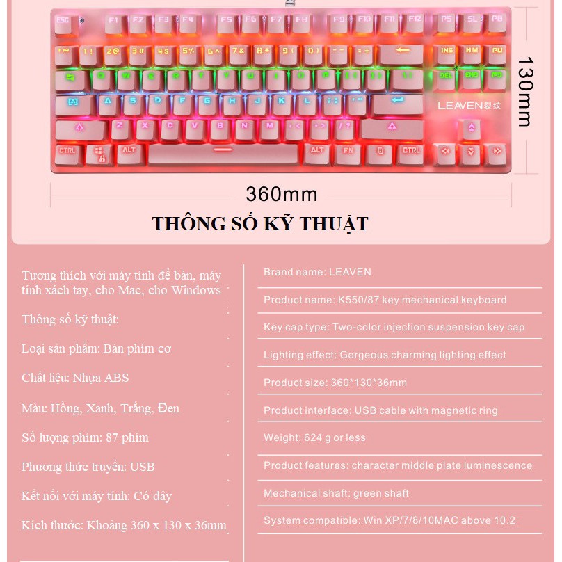 Bàn phím cơ Latope bàn phím máy tính laptop có dây văn phòng TKL Full LED RGB K550