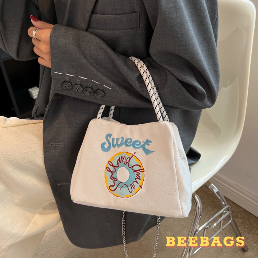 Túi Cầm Tay Chất Liệu Vải Canvas Họa Tiết Donut Dễ Thương Độc Lạ | TX43 | Túi Nữ Đeo Chéo Dây Xích Dễ Phối Đồ Đi Chơi