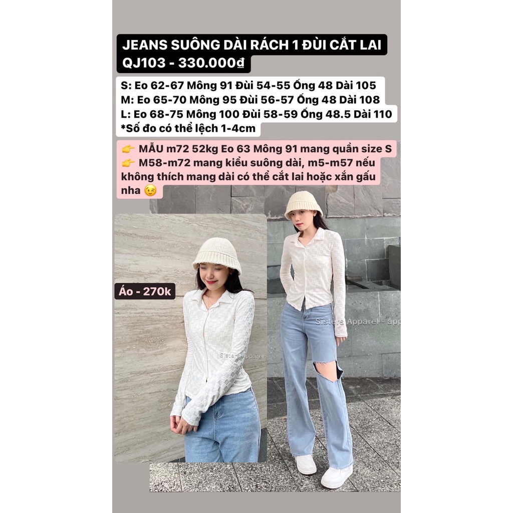Quần Jeans suông dài rách 1 đùi cắt lai-QJ103