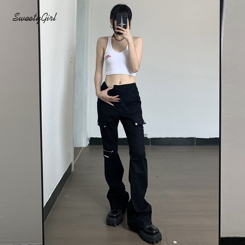 Quần Dài Ống Loe Lưng Cao Phối Màu Tương Phản Có Khóa Kéo Thời Trang 2022 Cho Nữ