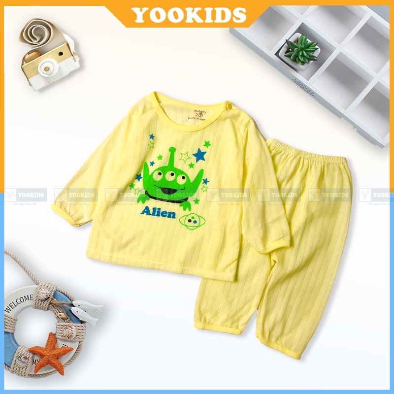 Bộ dài tay cho bé chất cotton sơi tre có cúc cài vai YOOKIDS, Bộ dài tay bé trai bé gái nằm điều hòa 1 2 3 4 5 tuổi