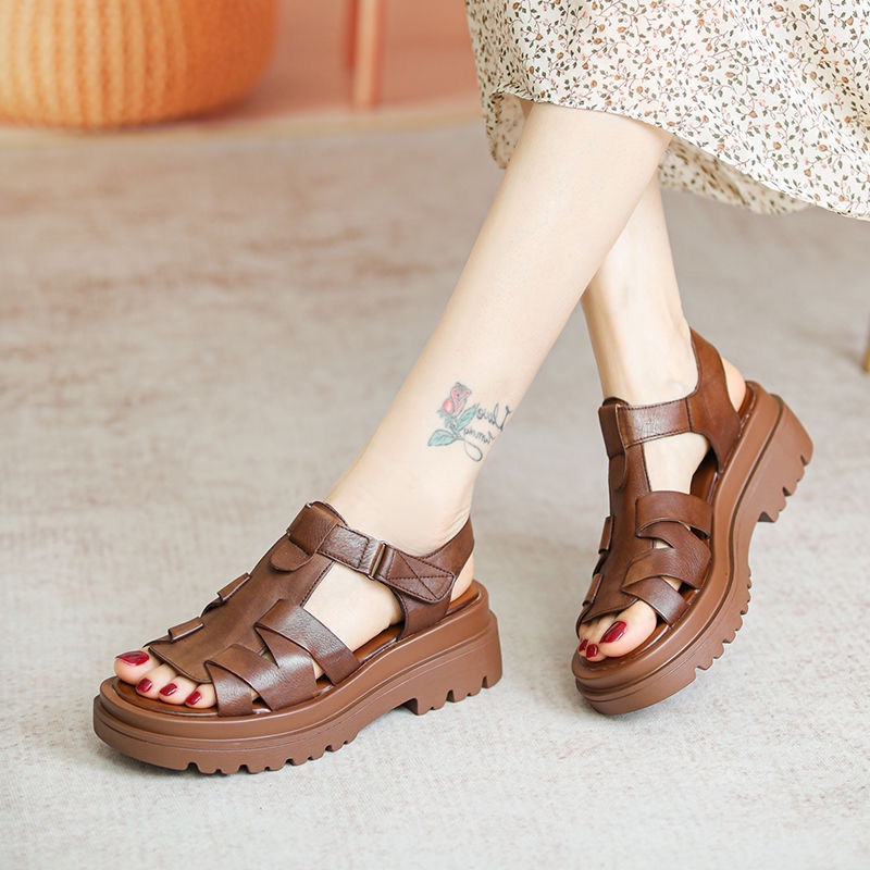 Giày Sandal Da Đế Dày Mềm Mại Phong Cách Retro Thời Trang Cho Nữ