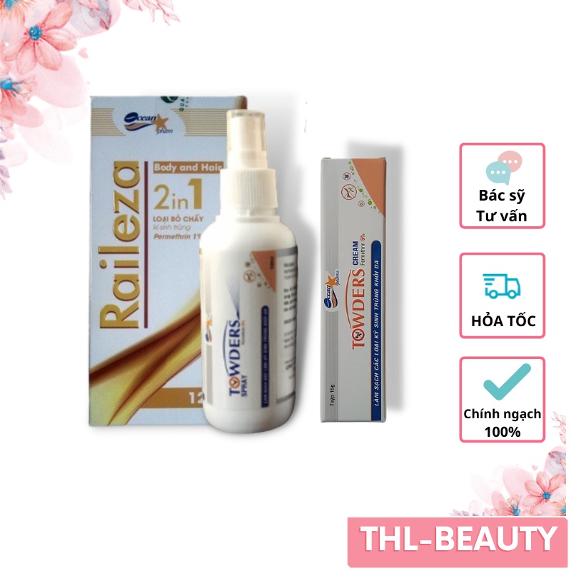 Combo Sạch Ngứa Ghẻ Chấy Rận Kí Sinh Trùng Date 2026 "Kem Towders +Xịt Towders 100Ml + Tắm Gội Raileza 120Ml"