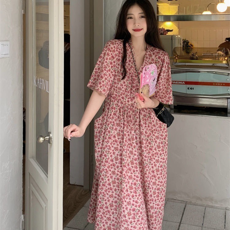 Đầm Perty in hoa dáng xòe ngắn tay cổ chữ V ôm eo thời trang hè mới cho nữ