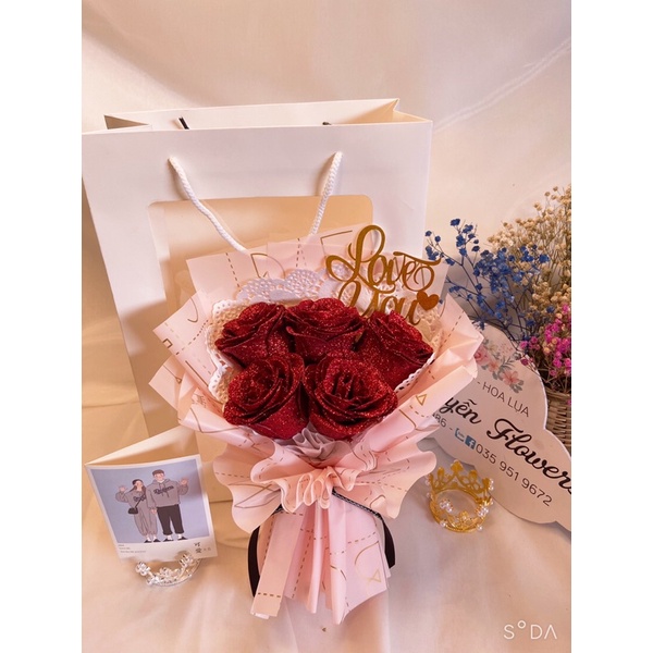 [HOA SINH NHẬT -QUÀ 8/3 ]-Set Hoa sáp nhũ 5 bông tặng kèm túi và thiệp | BigBuy360 - bigbuy360.vn