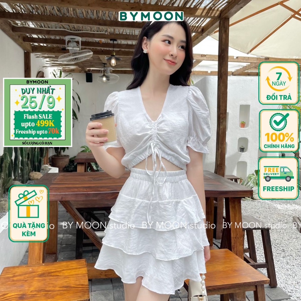 Set áo croptop tay bồng + chân váy lót quần thiết kế BY MOON - ảnh thật S015