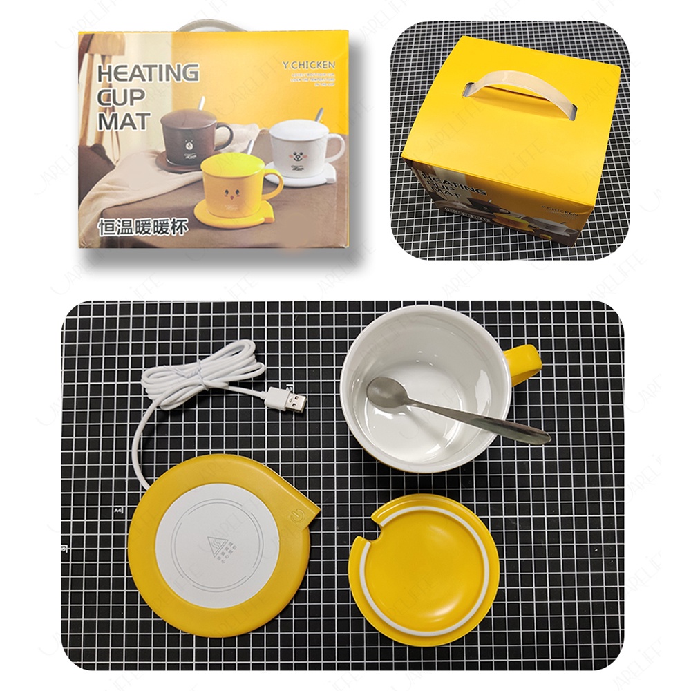 Uareliffe USB Heating Coaster Set With Ceramics Cup Spoon 55 Degree Temperature Coffee Mug Warmer
