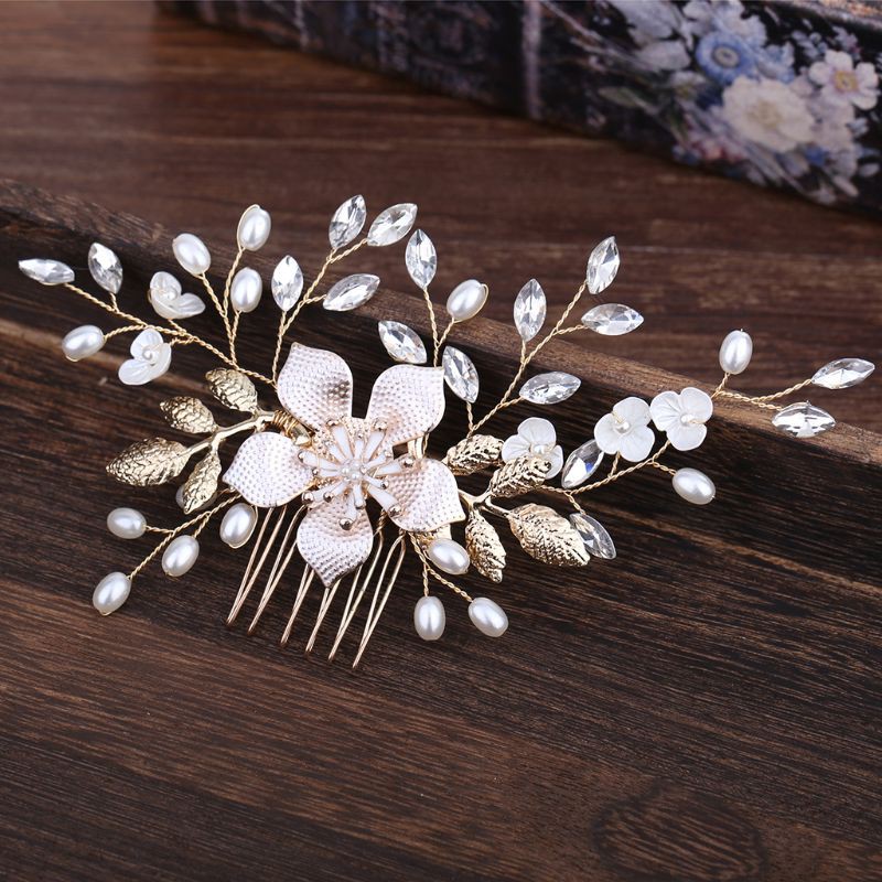 DE  Bride Comb Golden Leaf Floral Pearl Imitation Wedding Party Headdress Headwear Accessories Fashion Vintage Delicate Jewelry Decoration