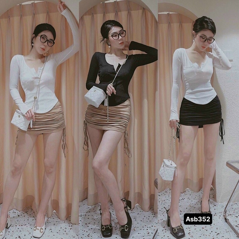 Áo kiểu tay dài cổ trụ lai áo vạt bầu ôm boddy phong cách Hàn quốc