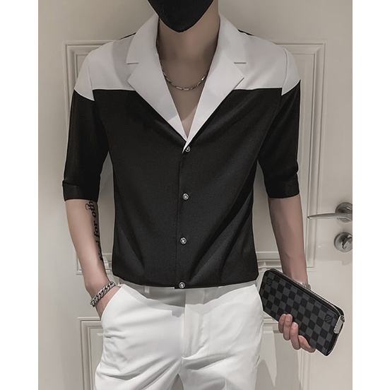 Áo Sơ Mi, Áo Sơ Mi Nam phối Vai cách điệu 2 màu Đen - Trắng sang trọng lịch lãm, trẻ trung T1 hàng thiết kế tại xưởng. | BigBuy360 - bigbuy360.vn