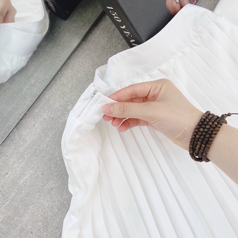 SET ÁO 2S TRẮNG NHÚN XẾP TÀ + CHÂN VÁY MIDI DẬP LY sp000180