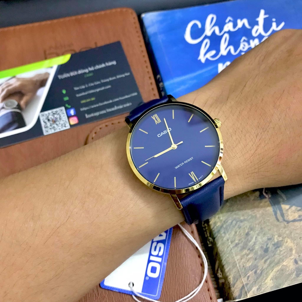 Đồng hồ Nam Casio MTP-VT01GL-2B, đồng hồ chính hãng, dây da trơn xanh mặt xanh, viền vàng