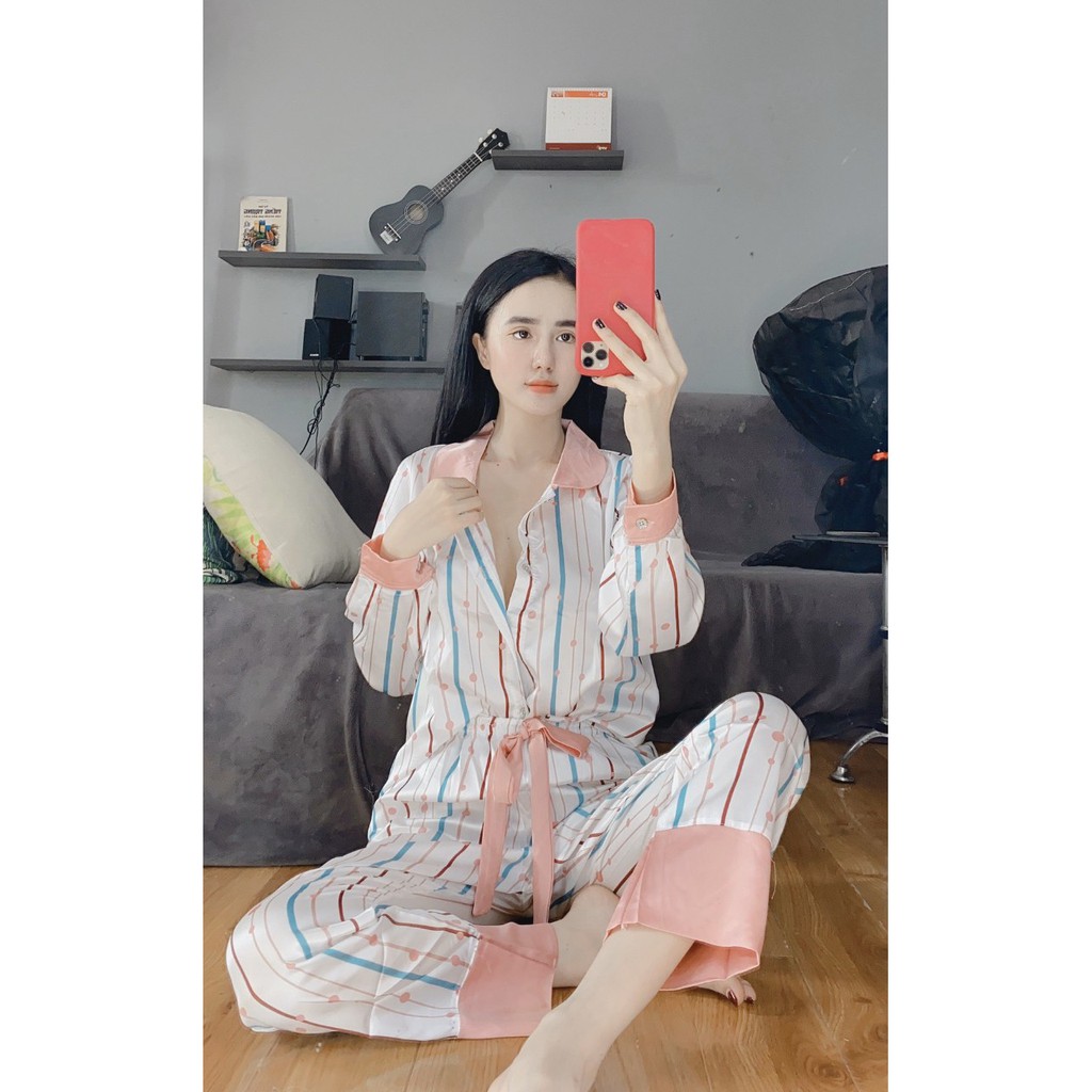 Bộ đồ ngủ mặc nhà LyLy kiểu pijama dáng dài lụa satin họa tiết L115 | BigBuy360 - bigbuy360.vn
