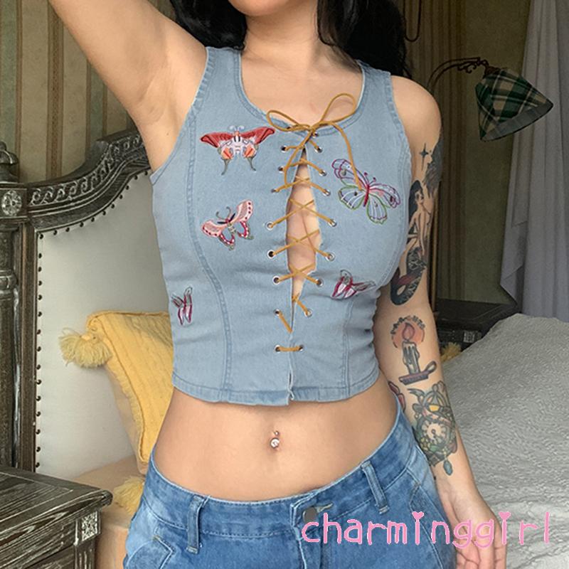 Áo Ba Lỗ Cổ Tròn Thêu Hình Bướm Chất Liệu Denim Thời Trang Cho Nữ