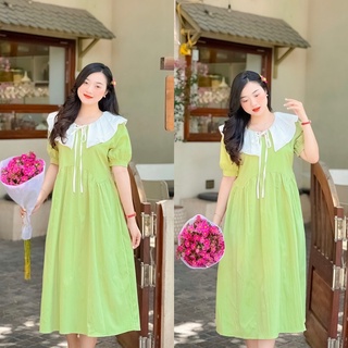Váy babydoll dáng dài Kaia xanh bơ cổ bèo tiểu thư