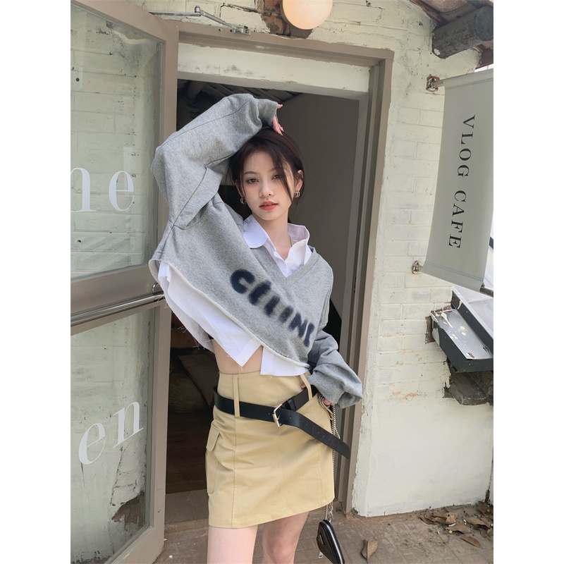 Autumn New Stitching Design High Waist Short Loose Sweatershirt Women