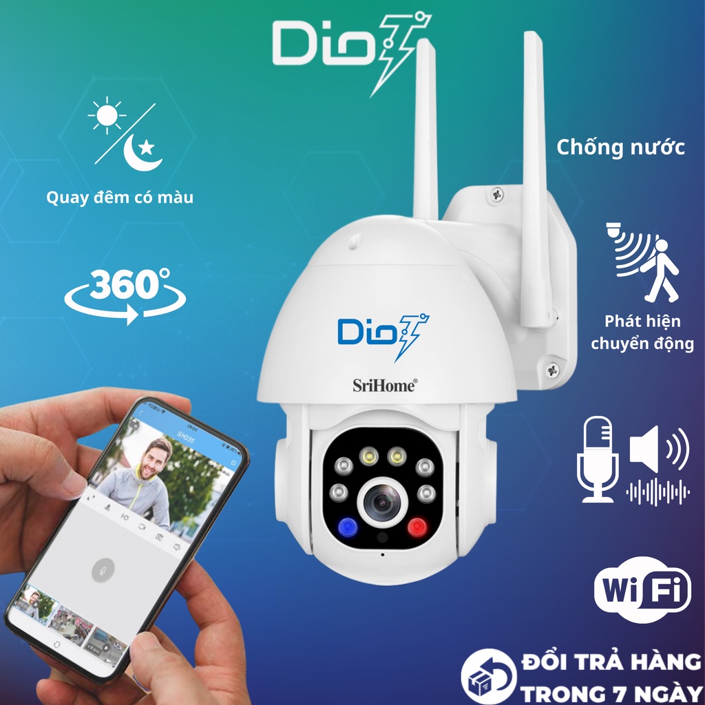 Camera wifi chống nước 2K quay đêm có màu xoay 360 độ Srihome SH039