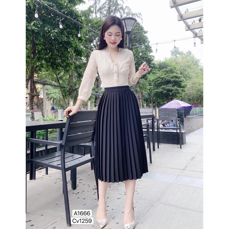 Chân váy nữ, chân váy dập ly dài màu đen freesize <54kg SKUCV-16A  1990clother