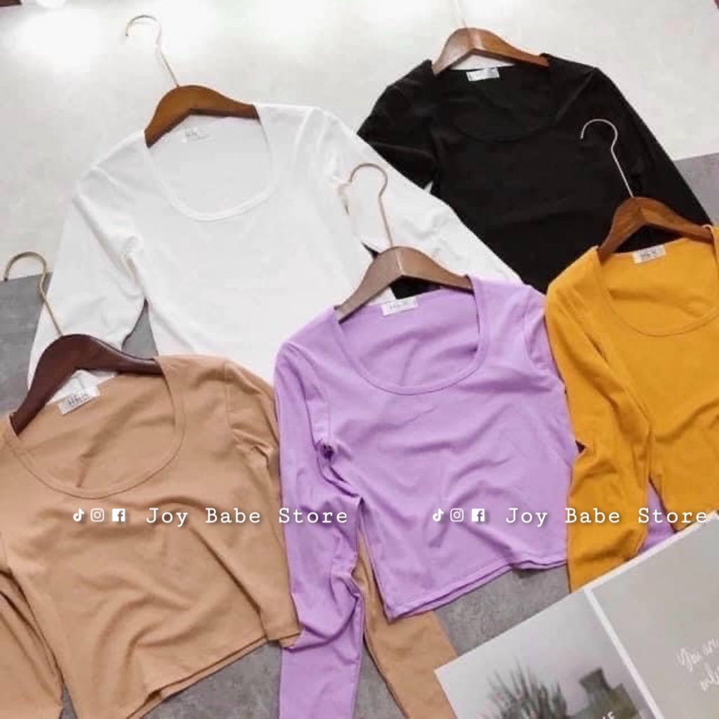 Áo croptop cổ vuông tay dài Basic JOY BABE◽🍏 thun xịn co giãn 4 chiều, ôm body tôn dáng ◾ Forever 21 trơn đẹp CROD 5 -2C