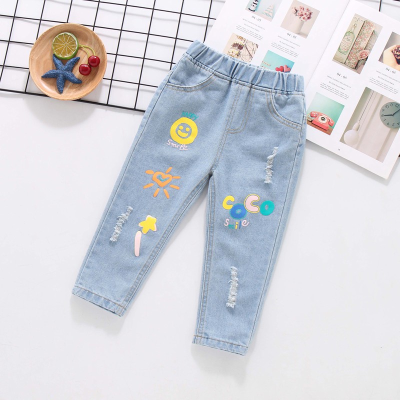 Quần jeans dài họa tiết nhiều màu sắc mẫu 2021 thời trang mùa xuân dành cho bé gái