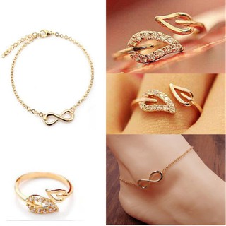 Set nhẫn hở khảm đá hình lá và lắc chân vô cực