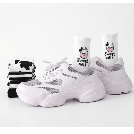 Tất vớ nam nữ cổ cao hoạ tiết Bò sữa