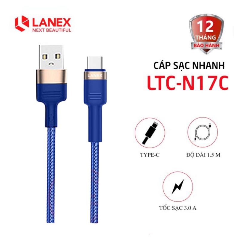 Cáp sạc nhanh Lanex LTC-N17C Type-C dài 1.5m - Dây dù dành cho điện thoại Android