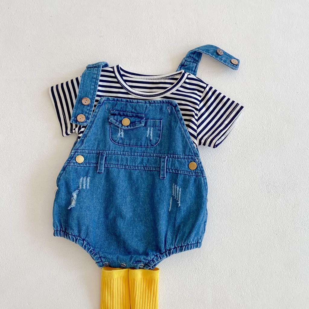 Bộ Áo Liền Quần Denim + Áo Thun Họa Tiết Kẻ Sọc Thời Trang Xuân Hè Dành Cho Bé 2022
