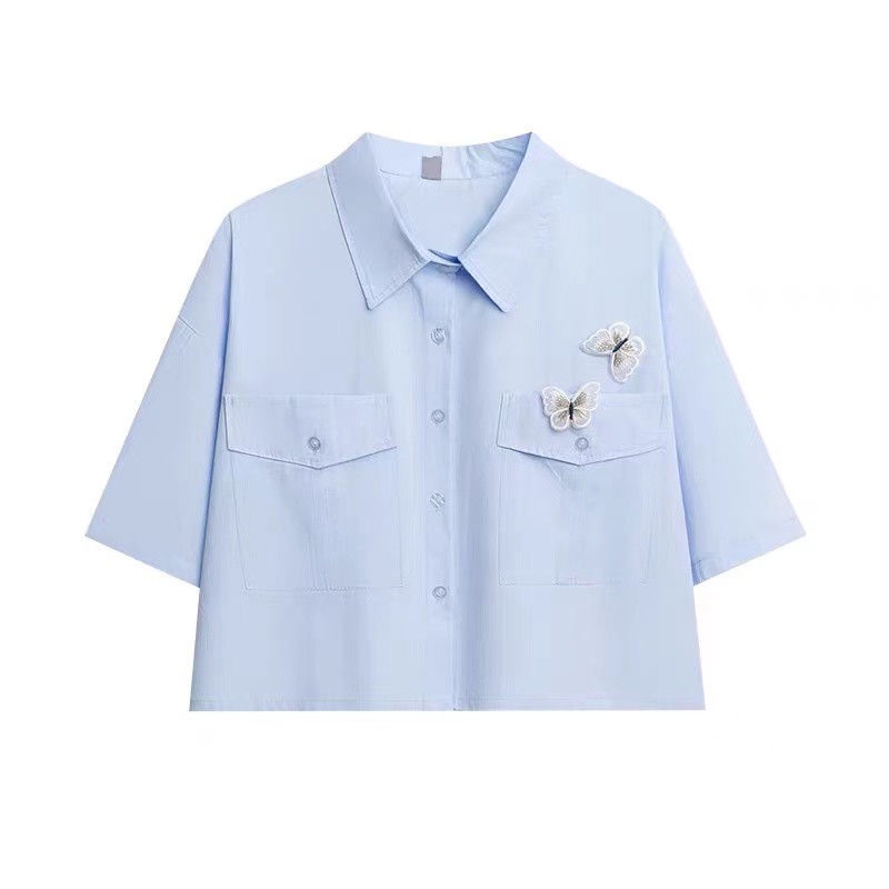 Set Áo Sơ Mi Tay Ngắn Họa Tiết Bướm + Chân Váy Chữ a Thời Trang Cho Nữ