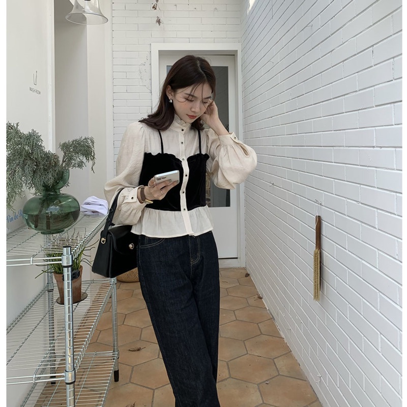 Áo Sơ Mi Tay Phồng Ngắn Cổ Đứng Hai Dây Thời Trang Mùa Xuân Kiểu Retro