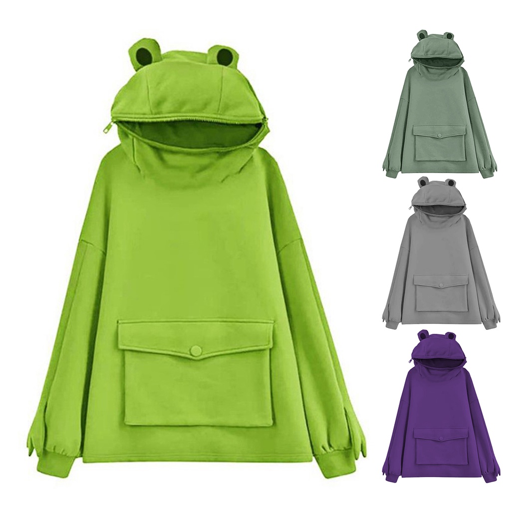 Áo khoác hoodie dài tay hình chú ếch dễ thương phối túi thời trang thu đông cho nữ