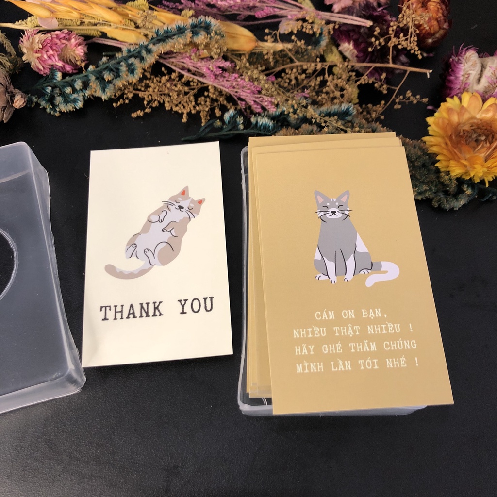 Hộp nhựa 100 thiệp cảm ơn, card cảm ơn, thank you card mẫu 43, 44 hình dễ thương dùng để tặng khách hàng