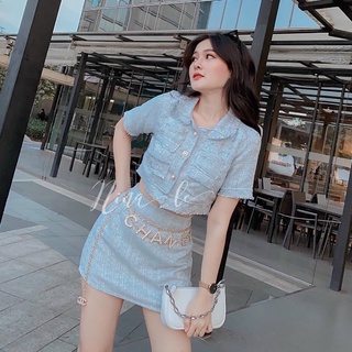 Set áo croptop dạ nút + chân váy