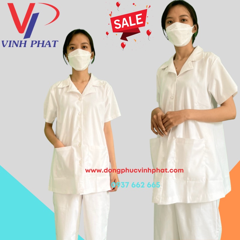 Bộ Quần Áo Blouse Trắng Ngắn Tay Nam Nữ Cổ Bẻ Vải Kaki Loai Tốt - Đồng Phục Y Tá, Dược Sĩ, Điều Dưỡng - Hình thật