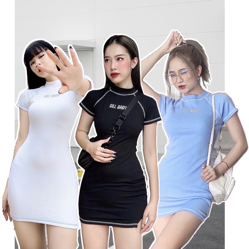 GILLBABY | Đầm body basic tay ngắn chất thun gân logo thêu năng động