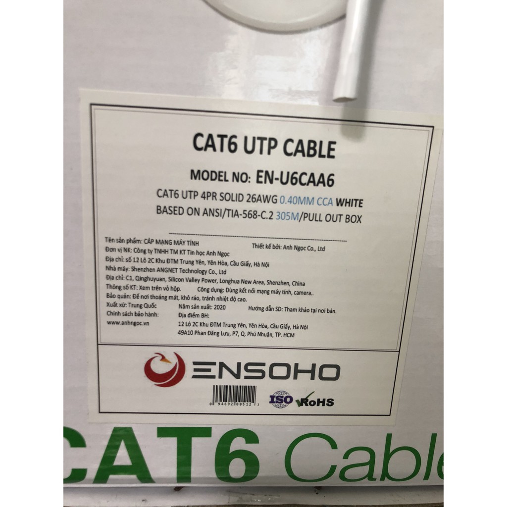 Dây cáp mạng ENSOHO CAT6 UTP EN-U6CAA6 hàng chuẩn Anh Ngọc phân phối - 60m 65m 70m 75m 80m 85m 90m 95m 100m