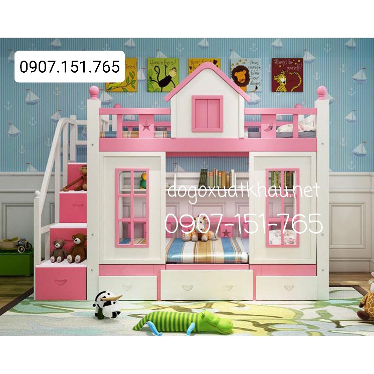 Giường tầng màu hồng cho bé gái kiểu ngôi nhà