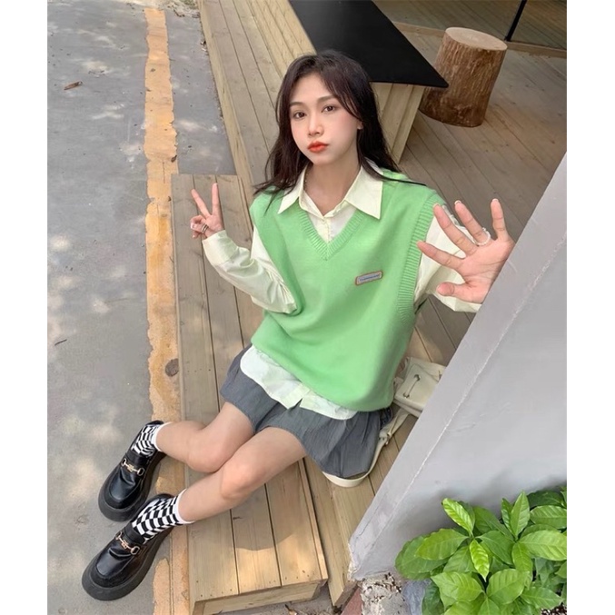 SẴN/ẢNH THẬT SALE| ÁO GILE LEN KẺ XANH FREESIZE ULZZANG VINTAGE
