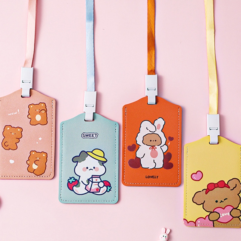 Cartoon Access Control Card Protective Cover ID Work Card Cover with Lanyard