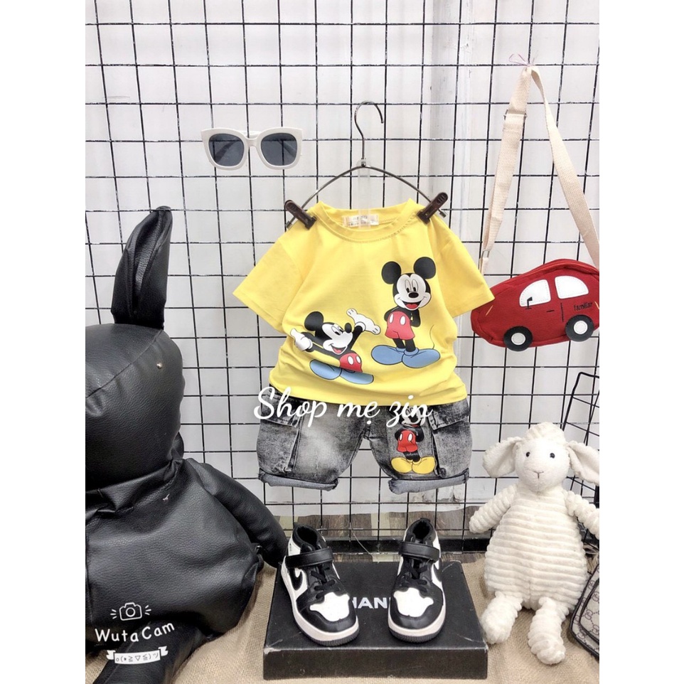 Set áo thun thể thao và quần short jean Quảng Châu cho bé trai