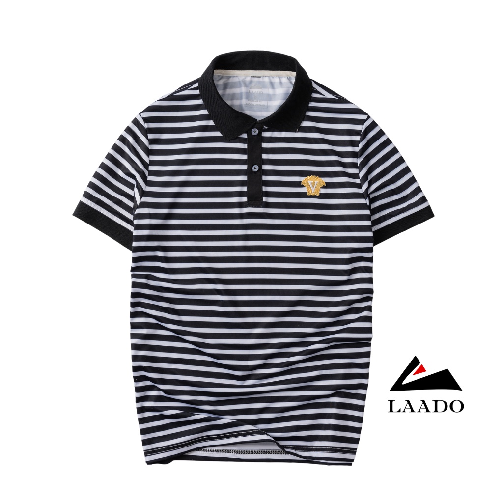 Áo polo nam thun lạnh cổ bẻ Laado kẻ sọc đen trắng thêu hoạ tiết chữ V LA03