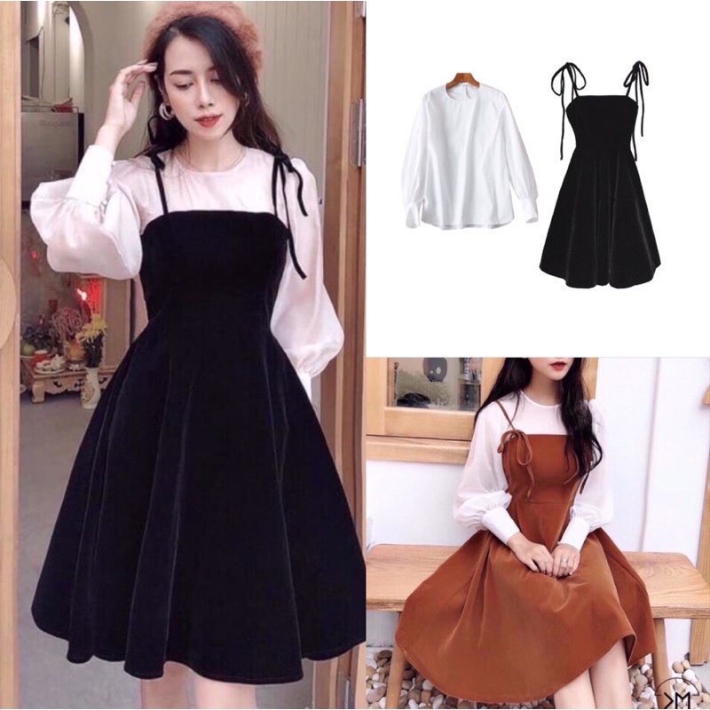 Sỉ=Lẻ Set Yếm Đầm Áo Trắng Tay Bồng+ Yếm Đầm Ôm Xoè