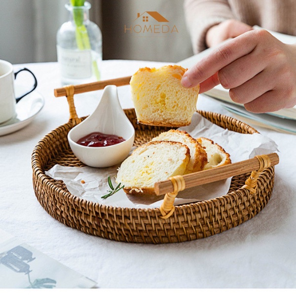 Khay tròn đựng đồ trang trí decor có quai, rổ mây tre đan đa năng tiện dụng Homeda