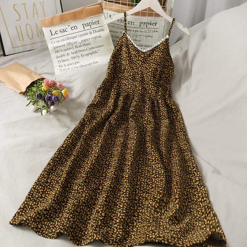 [Sẵn Đỏ] Váy Hai Dây Hoa Nhí Nhung Tăm Eo Cao Hàng Quảng Châu Loại 1 V03 | BigBuy360 - bigbuy360.vn